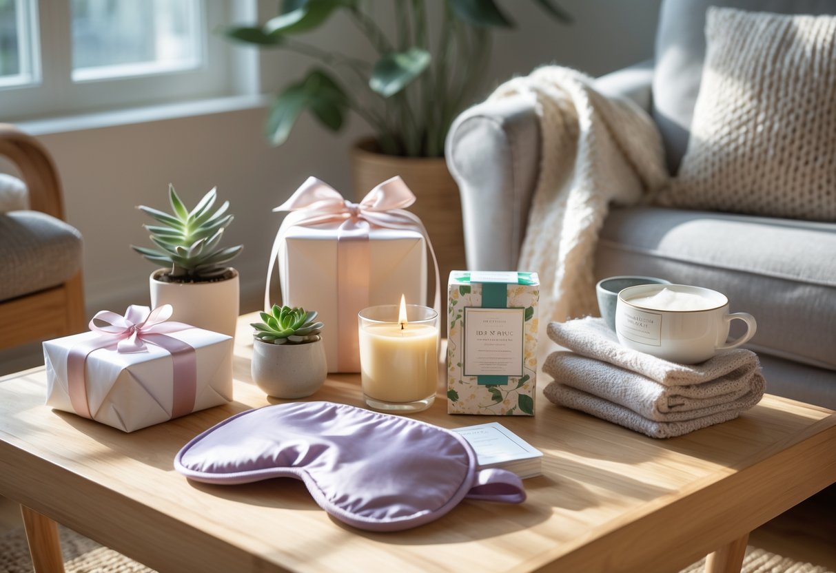 A cozy living room scene with a wooden table displaying wrapped gifts, a lit candle, an eye mask, a small plant, herbal teas, a ceramic mug, and a folded blanket.