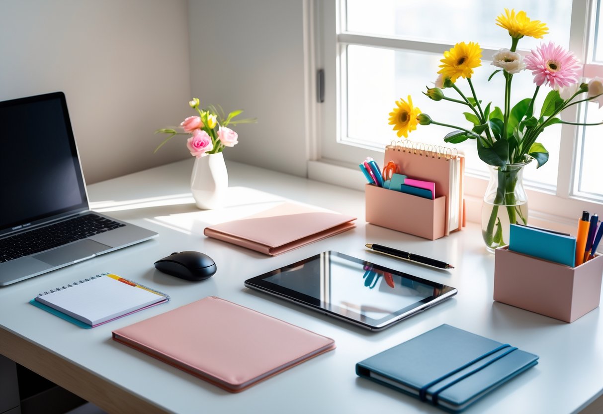 A tidy desk with tech gadgets, notebooks, pens, and a small vase of flowers arranged as thoughtful Mother's Day gifts.