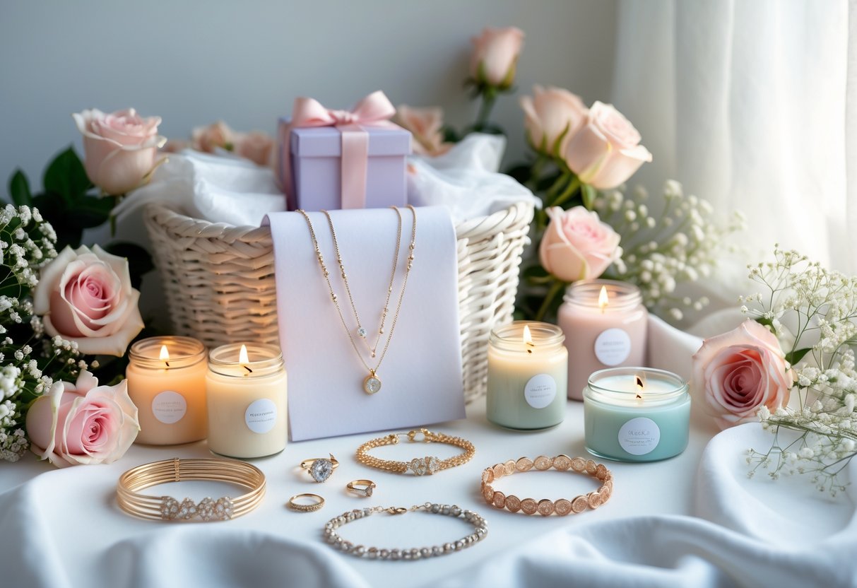 A gift basket with jewelry and scented candles surrounded by flowers on a softly lit surface.
