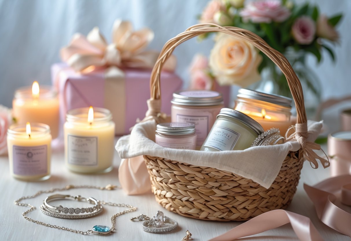 A gift basket containing jewelry and scented candles arranged on a wooden surface with flowers nearby.