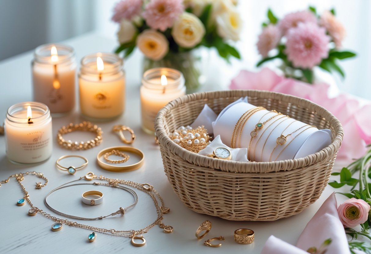 A woven gift basket filled with jewelry and candles on a wooden surface, surrounded by flowers and ribbons.