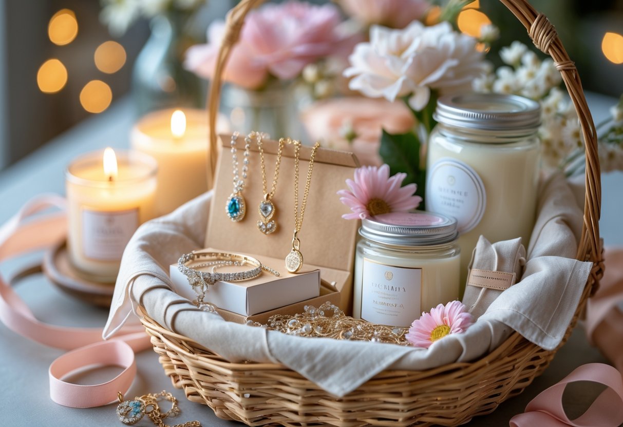 A gift basket filled with jewelry and scented candles arranged on a table.