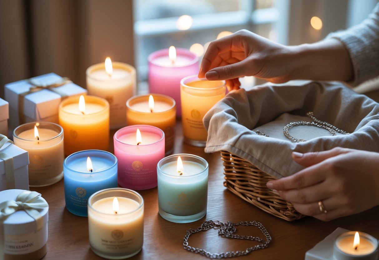 Person selecting scented candles and jewelry to assemble a gift basket on a wooden table.