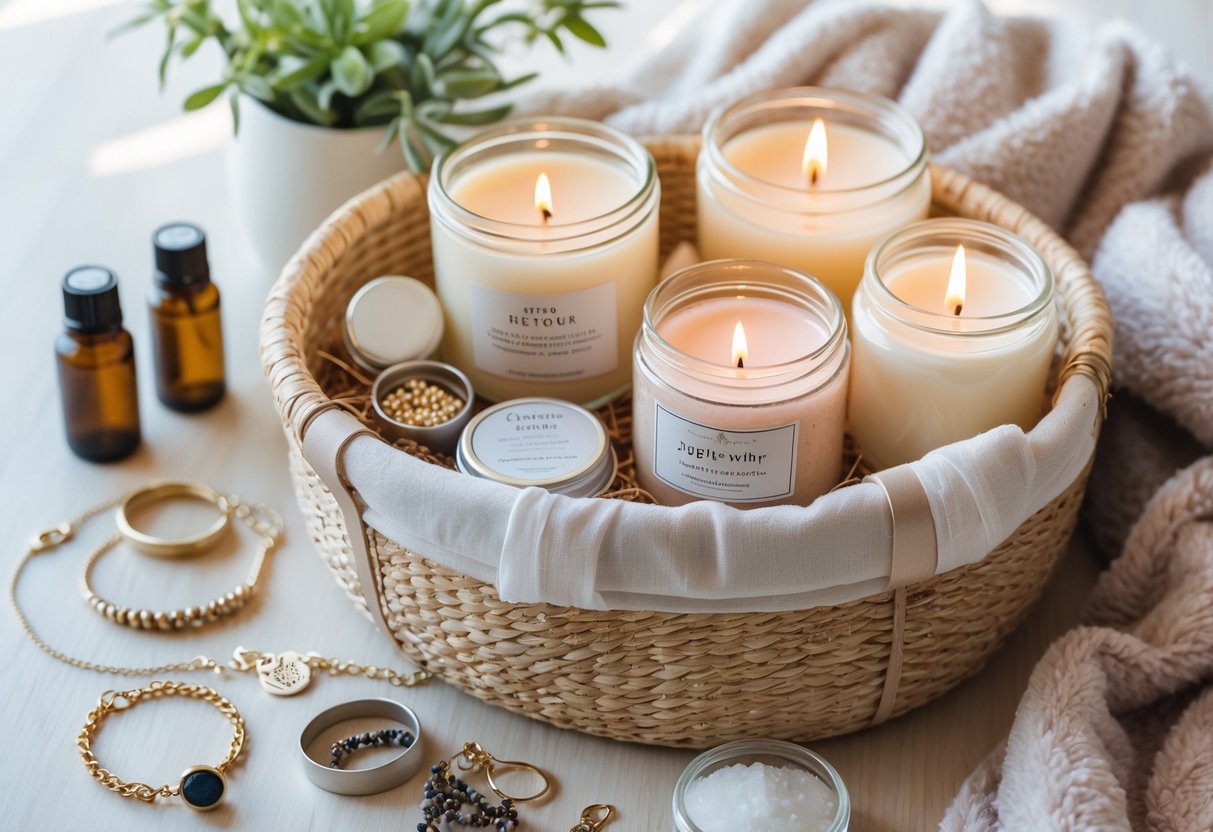 A gift basket filled with jewelry, scented candles, essential oils, bath salts, and a cozy blanket arranged on a wooden surface.