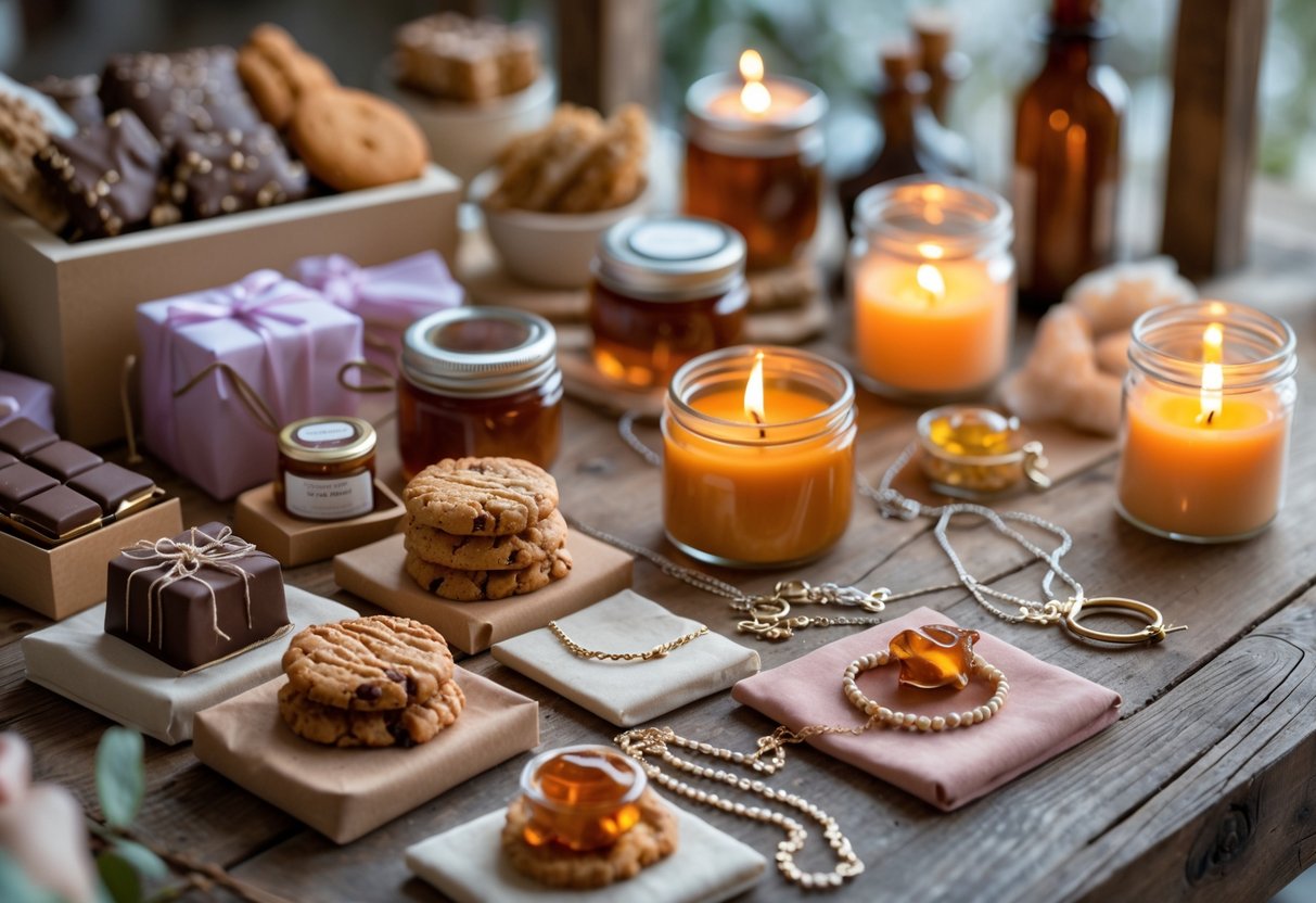 A gift basket display with edible treats, jewelry pieces, and scented candles arranged on a wooden table.