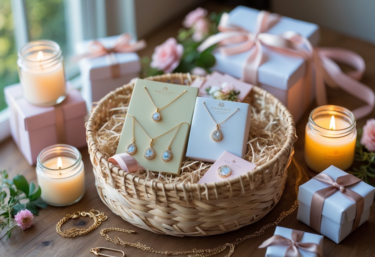 A gift basket filled with jewelry and candles arranged on a wooden table with flowers and ribbons nearby.