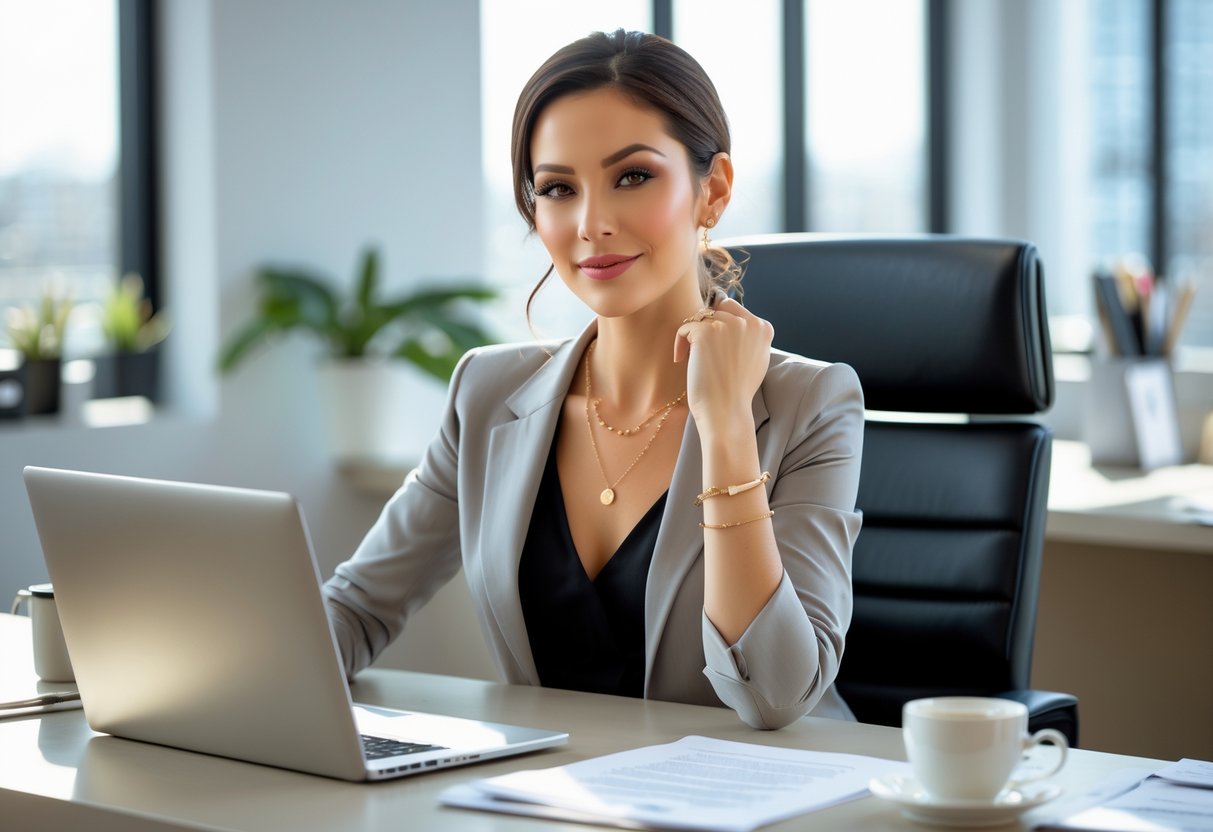 A woman working at a desk in an office wearing elegant jewelry, including a necklace, bracelet, and earrings.