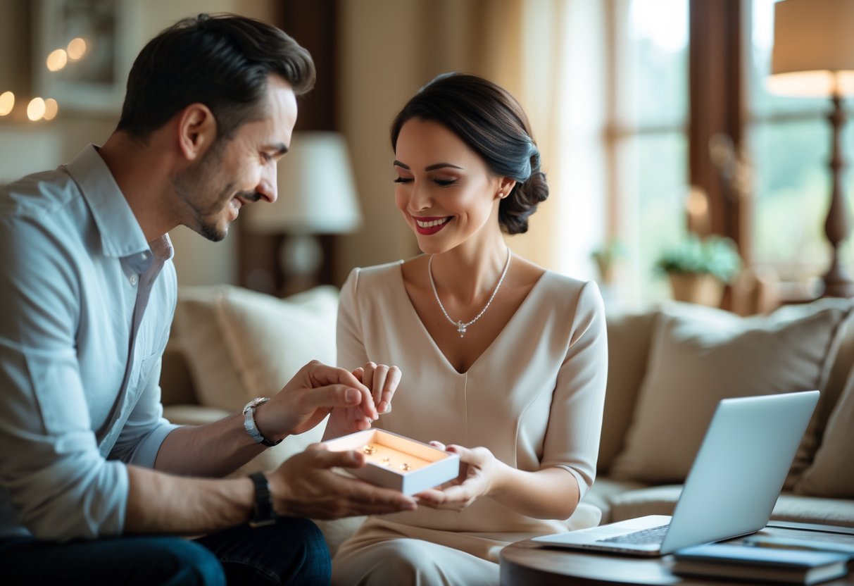 A woman happily receiving a jewelry gift from her partner in a cozy living room.