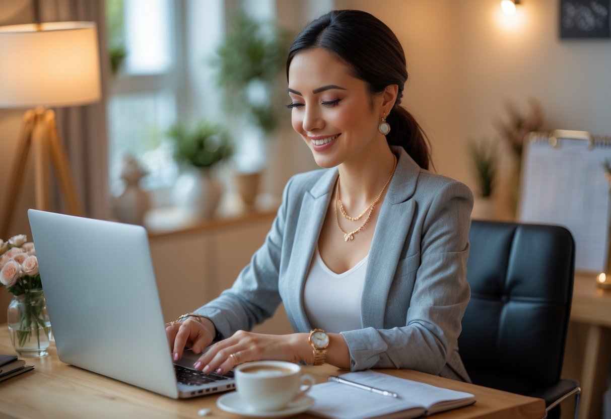 A woman sitting at a desk in a home office, wearing simple jewelry and smiling while working on a laptop.