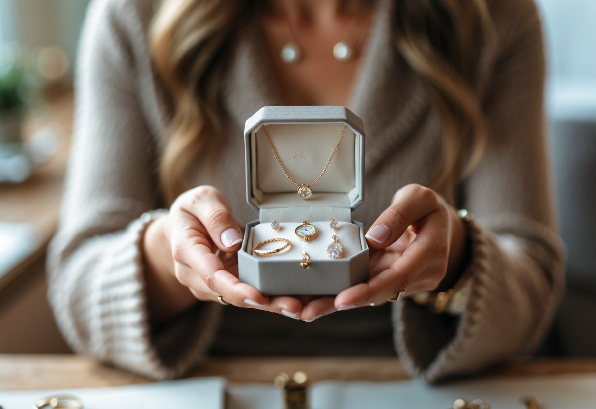 Close-up of a woman holding an open jewelry box showing elegant jewelry pieces, with a softly blurred home background.