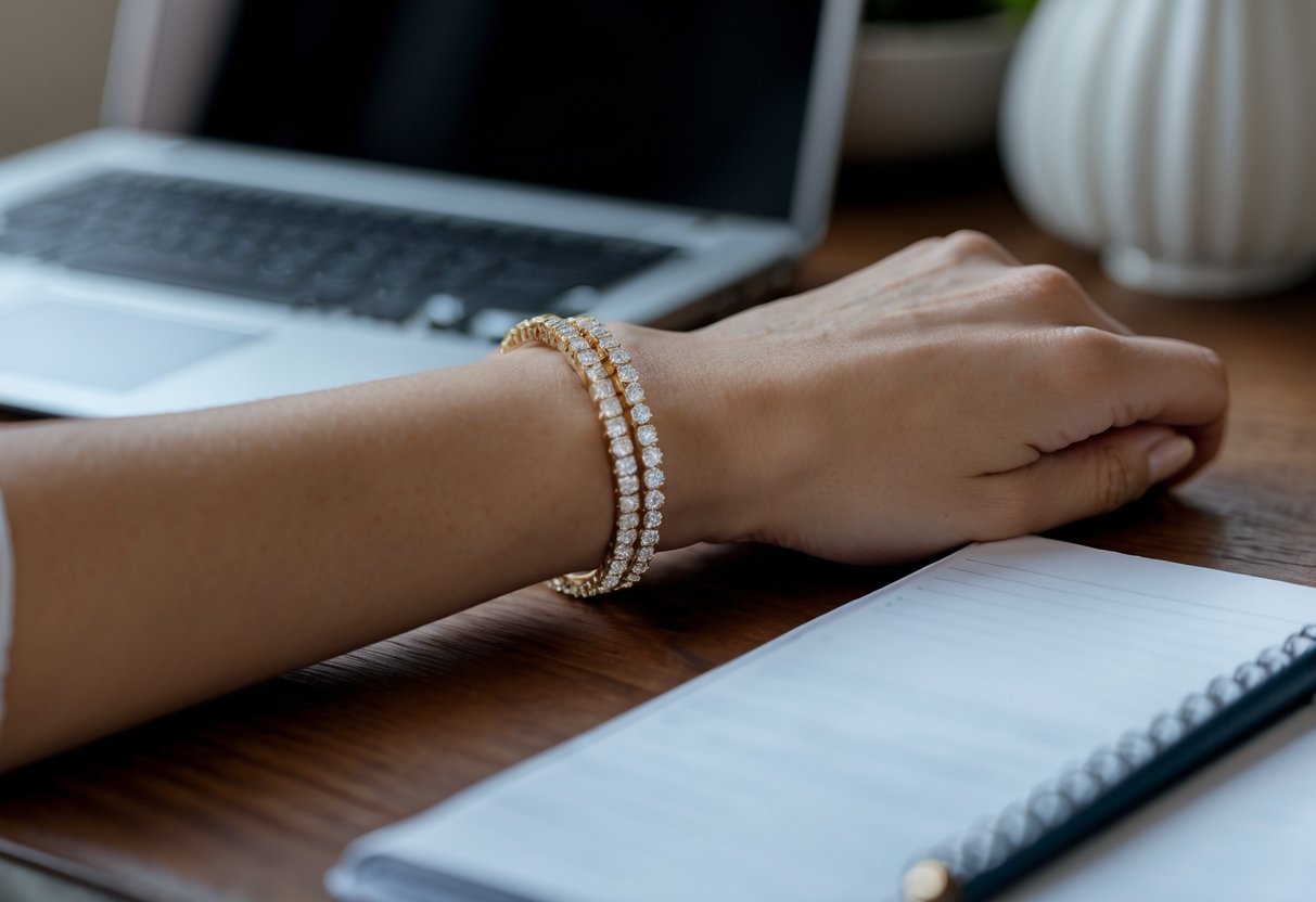 A woman's wrist wearing a sparkling tennis bracelet resting on a desk with a laptop and notebook nearby.