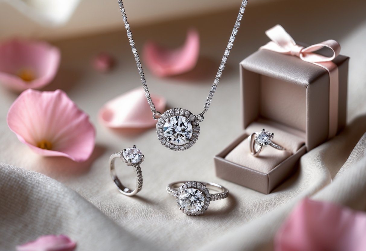Close-up of diamond necklace, earrings, and ring arranged on soft fabric with pink rose petals and a small open gift box nearby.