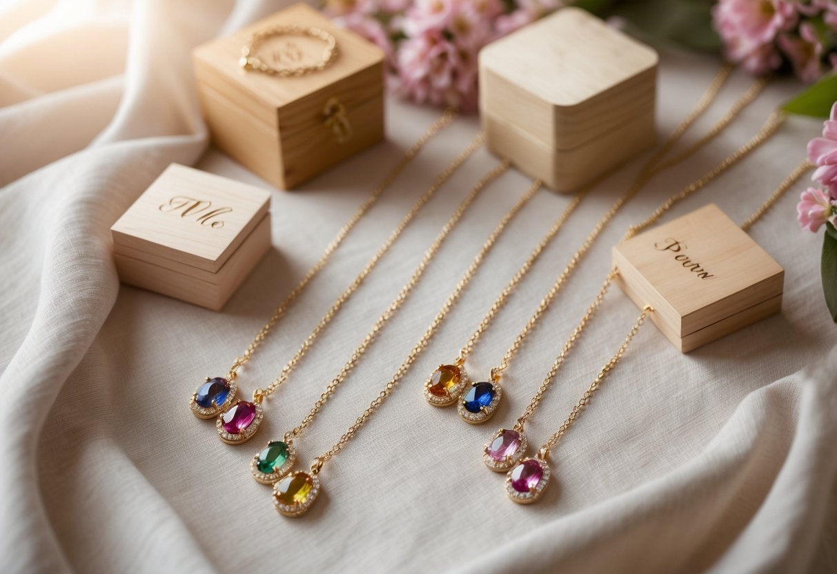 A display of birthstone necklaces and personalized gifts arranged on a soft fabric background.