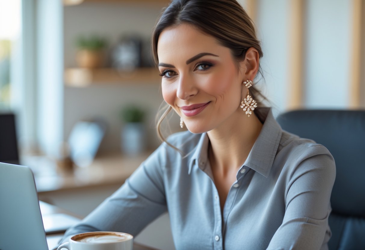 A woman wearing elegant earrings sits at a modern workspace with a laptop and coffee, smiling gently.