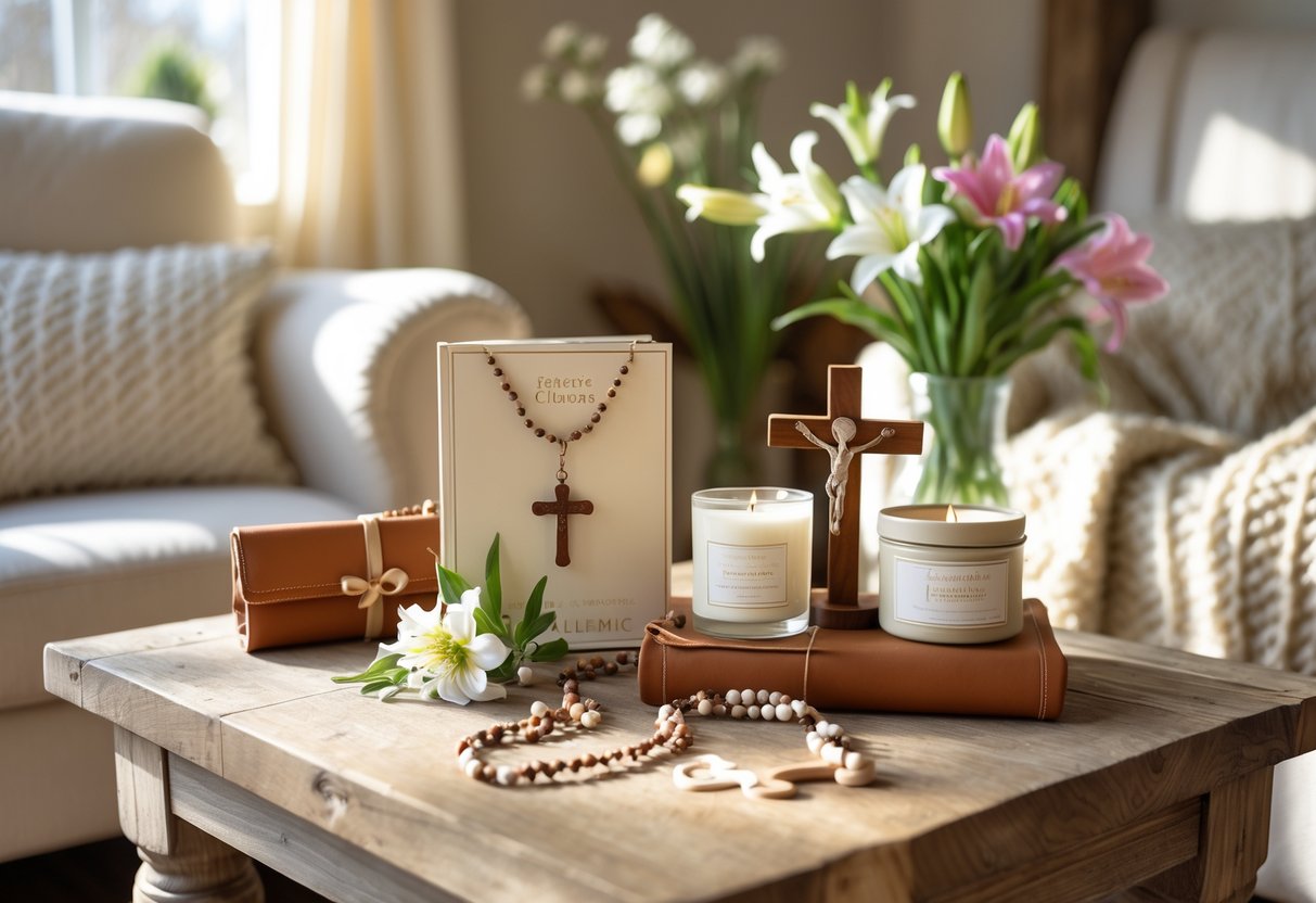 A cozy living room table displaying a faith-inspired gift set for Grandma, including a rosary, prayer journal, candle, and wooden cross, surrounded by fresh flowers and soft natural light.