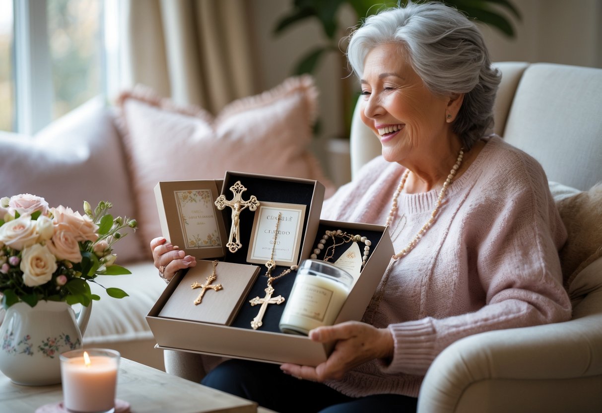 A grandmother sitting in a cozy living room, happily receiving a faith-inspired gift set on Mother's Day.