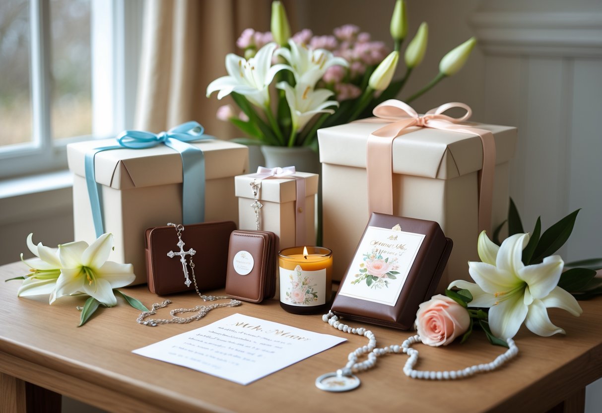 A table with wrapped gifts, a rosary, a small Bible, a candle, flowers, and a handwritten note arranged for a faith-inspired Mother's Day gift set.