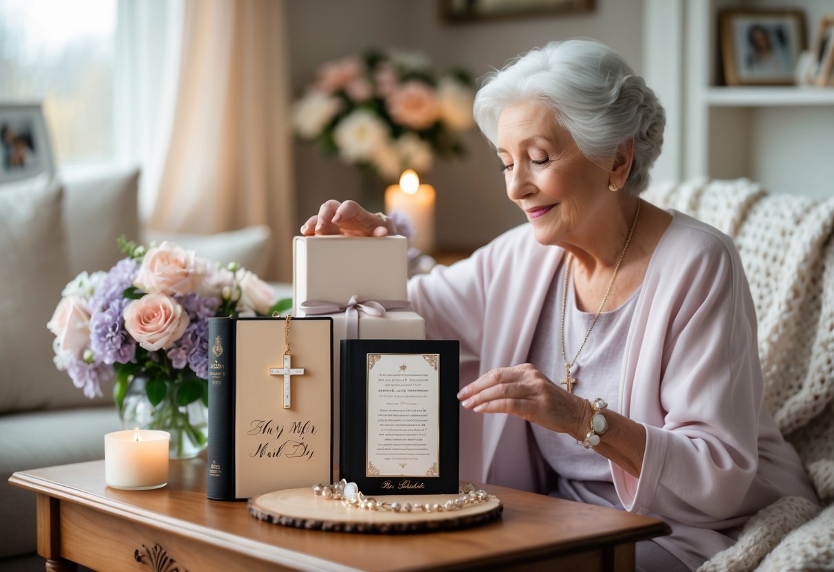 An elderly woman smiling warmly as she touches a faith-inspired gift set on a table, including a cross necklace, personalized Bible, and flowers, in a cozy living room.