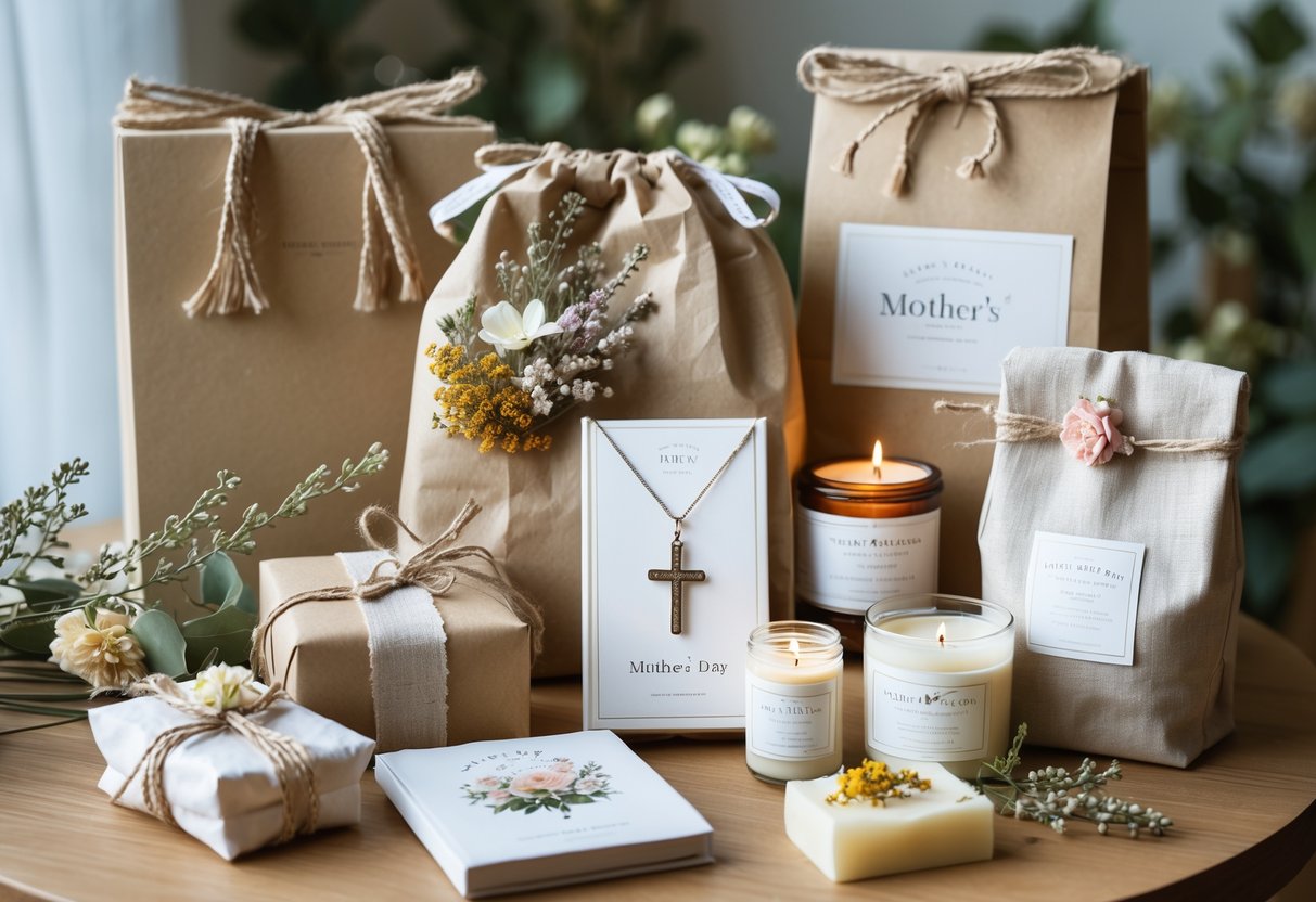 A collection of handmade gift sets with faith-inspired items for a grandmother, including jewelry, candles, and soaps, arranged on a wooden table with natural decorations.