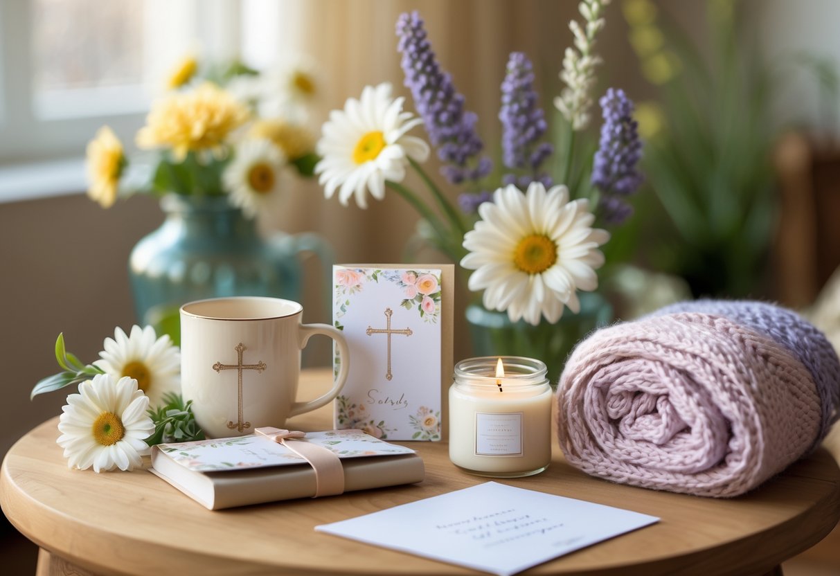 A gift set on a wooden table including a ceramic mug, journal, candle, and knitted shawl surrounded by spring flowers in a cozy living room.