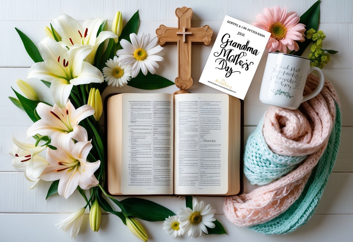 A flat lay of Christian gift items including an open Bible, wooden cross, scripture cards, knitted shawl, ceramic mug, and spring flowers on a light wooden surface.