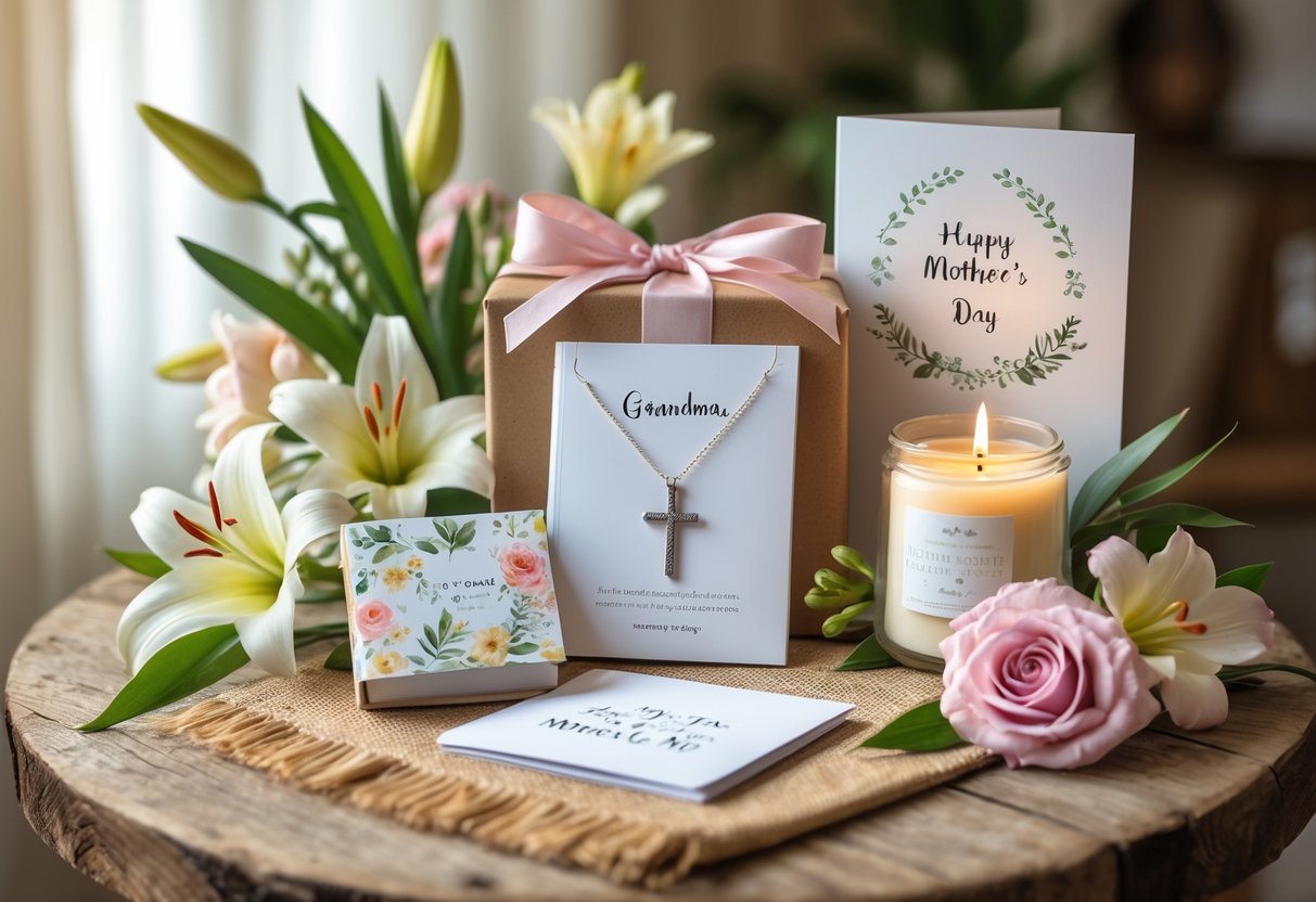 A Mother's Day gift set for Grandma featuring a cross necklace, inspirational book, scented candle, and flowers arranged on a wooden table.