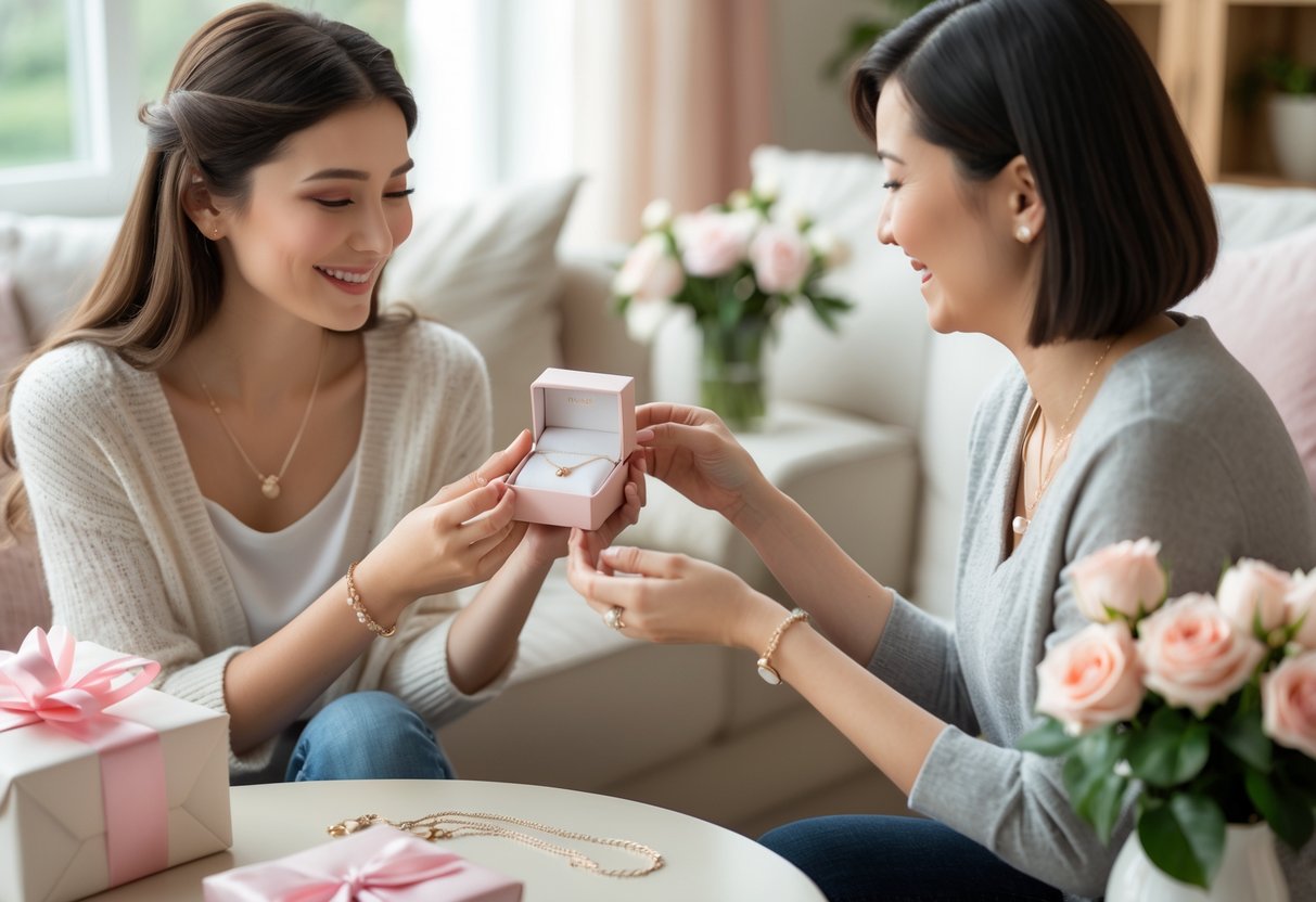 A young woman happily receiving a jewelry gift from a family member in a cozy living room decorated with flowers.