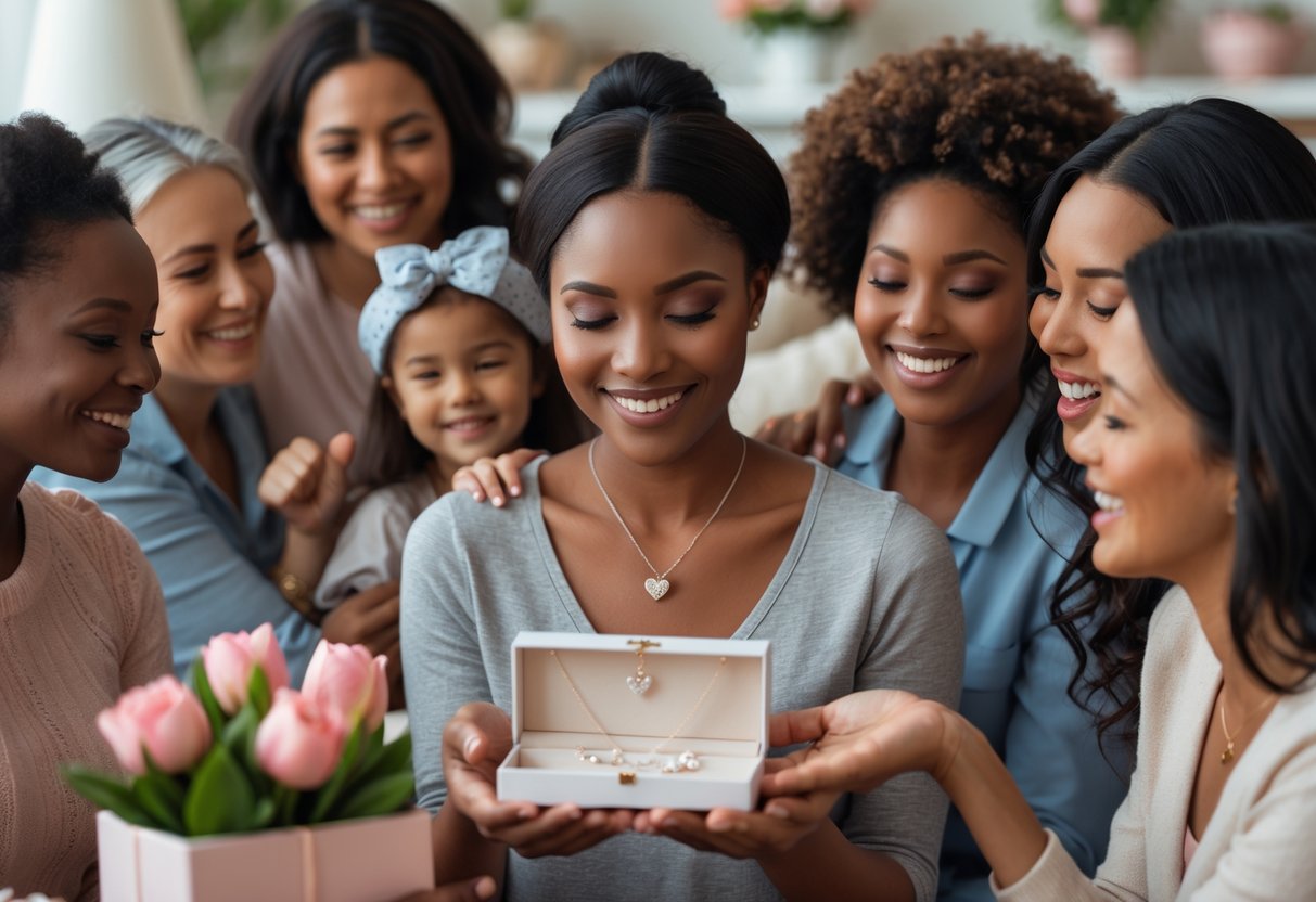 A young mother receiving a jewelry gift from her cousin during a family celebration of her first Mother’s Day.