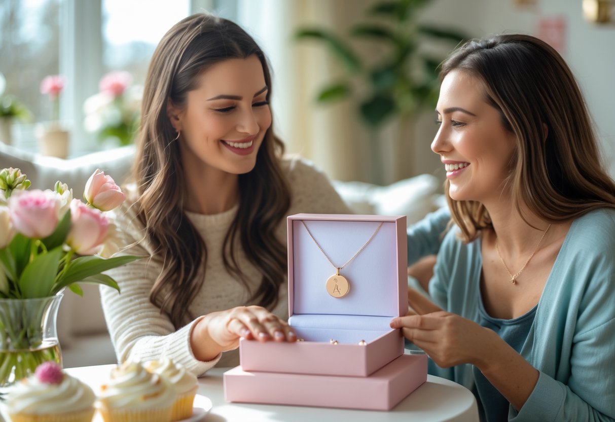 A young woman receiving a personalized jewelry gift from her cousin in a cozy, sunlit living room, both smiling warmly.