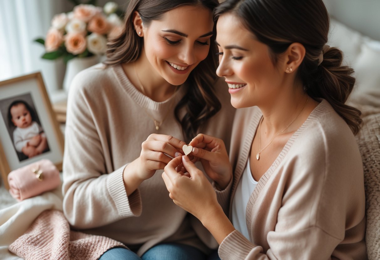 Two women sharing a tender moment as one gives the other a heart-shaped necklace, surrounded by soft floral arrangements and baby items.