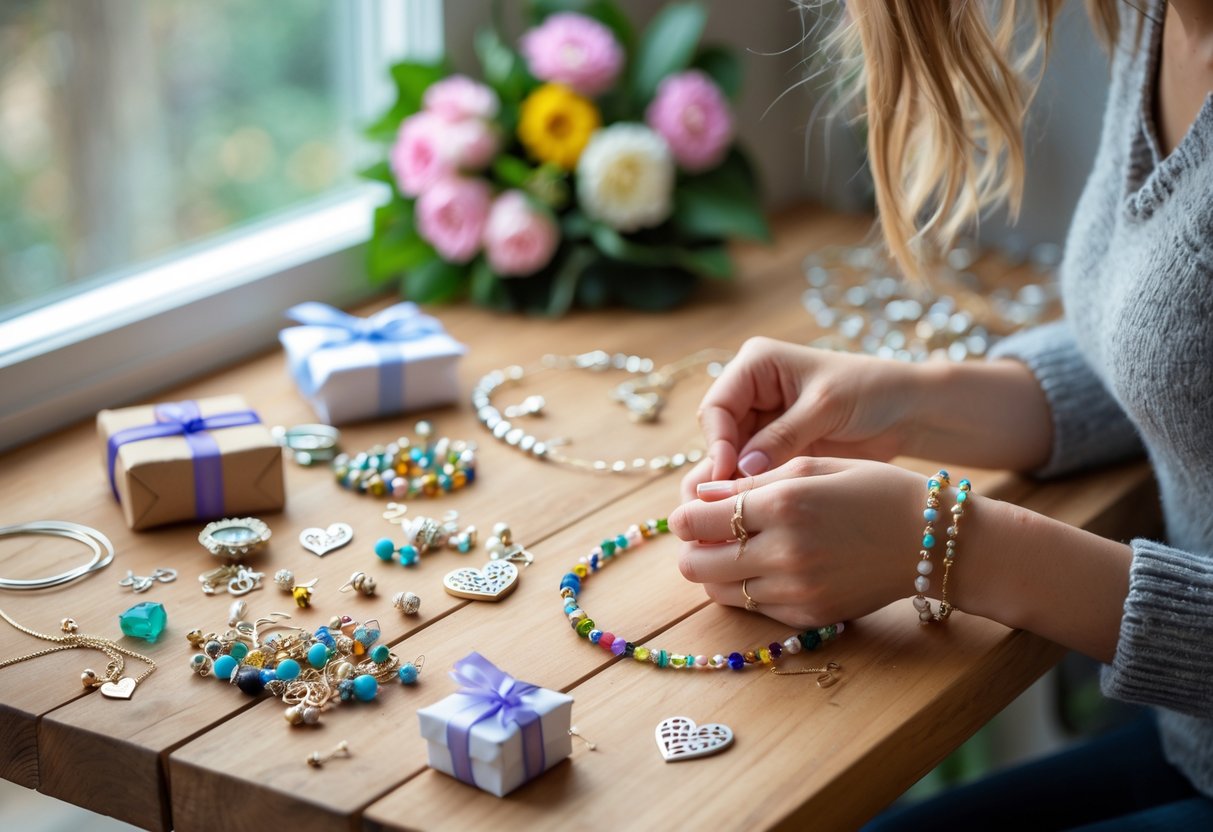 A woman’s hands making handmade jewelry on a wooden table with beads, tools, flowers, and a gift box nearby.