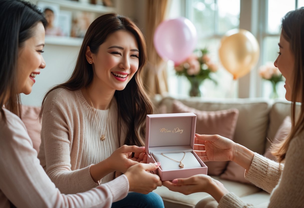 A young woman happily receiving a jewelry gift box from a family member during a Mother's Day celebration at home.
