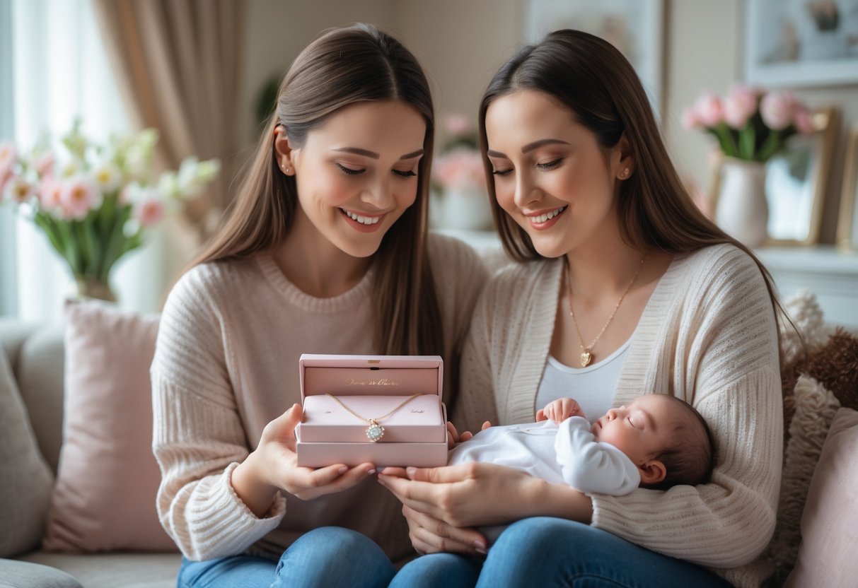 A young woman giving a jewelry box to her cousin holding a baby in a cozy living room decorated with flowers.