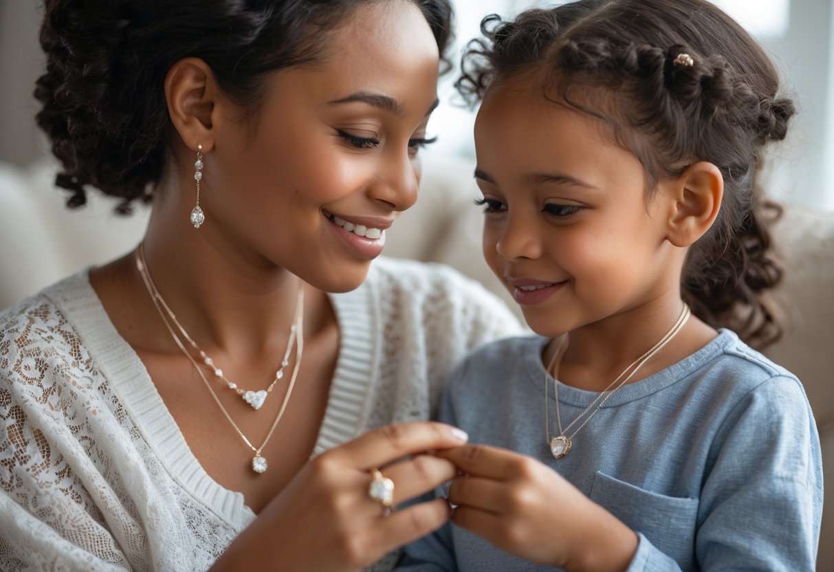 A mother and child sharing a warm moment, both wearing elegant jewelry, looking at each other with smiles.