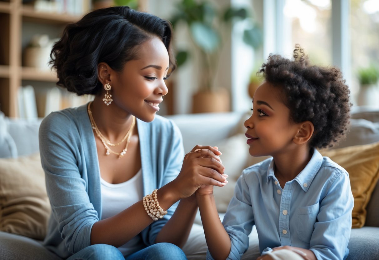 A mother wearing elegant jewelry holds her child's hand while they share a warm, loving moment at home.