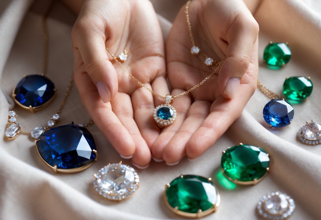 Close-up of hands holding a gemstone necklace surrounded by various polished gemstones on a soft fabric background.