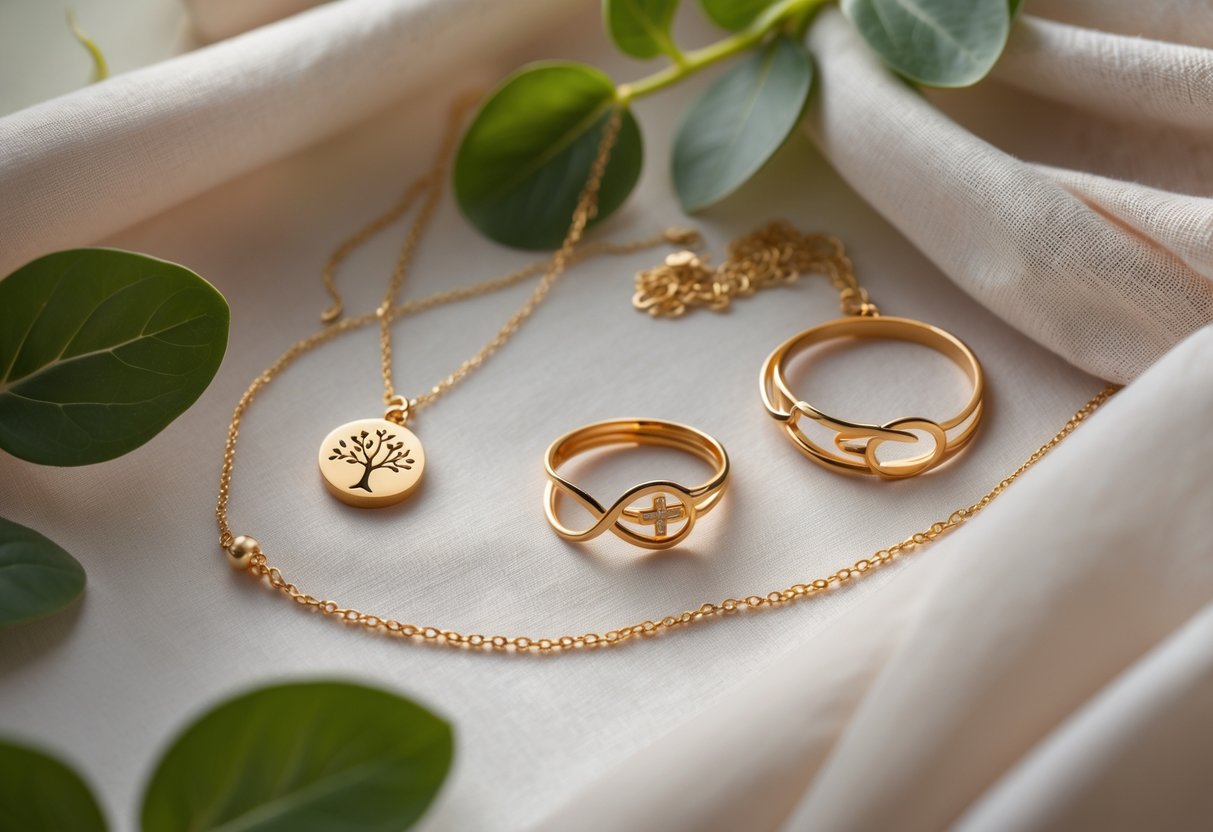 Close-up of elegant jewelry pieces including a tree pendant necklace, a bracelet with intertwined circles, and a ring with a compass design, arranged on soft fabric with green leaves nearby.
