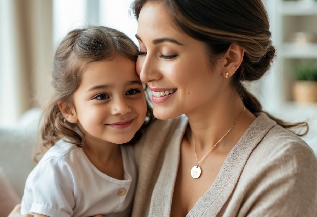 A mother and child sharing a warm smile, with the mother wearing elegant jewelry, symbolizing love and mentorship.