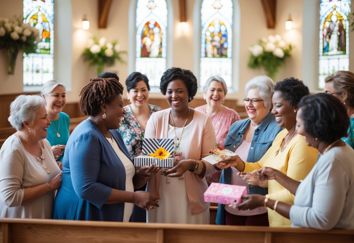 A group of women in a church hall sharing meaningful gifts and smiling together.