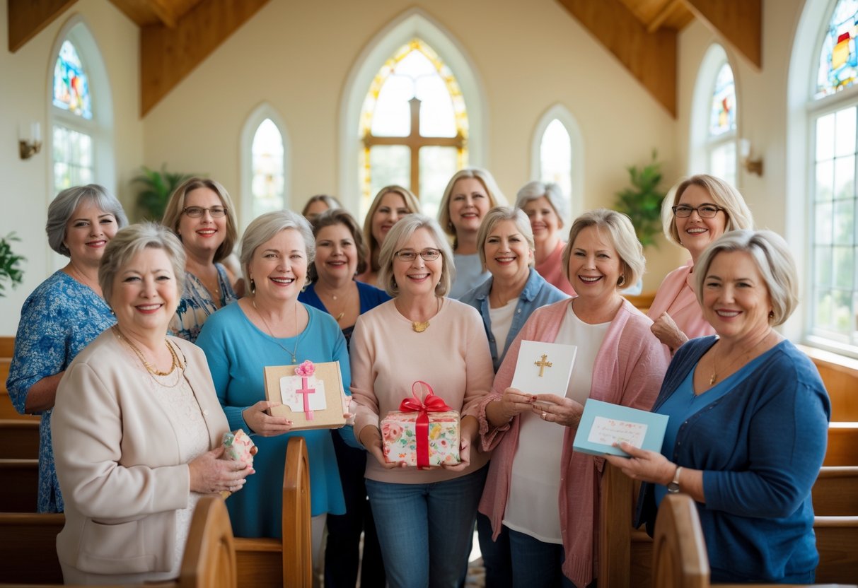 A group of smiling church moms gathered together in a sunlit church room, sharing meaningful gifts and enjoying each other's company.