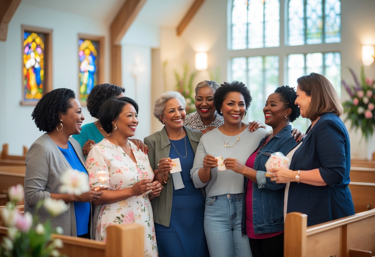 A group of diverse mothers in a church community room sharing meaningful moments and gifts, smiling and talking together.