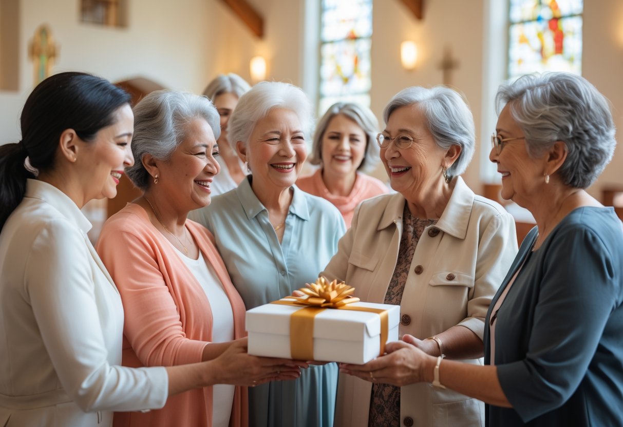 A group of women in a church community room sharing a heartfelt moment as a younger woman gives a meaningful gift to an older woman, surrounded by warm light and smiles.