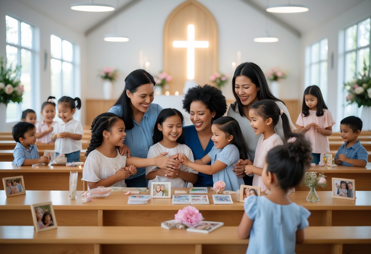 Mothers and children gathered in a church hall, smiling and sharing joyful moments together.