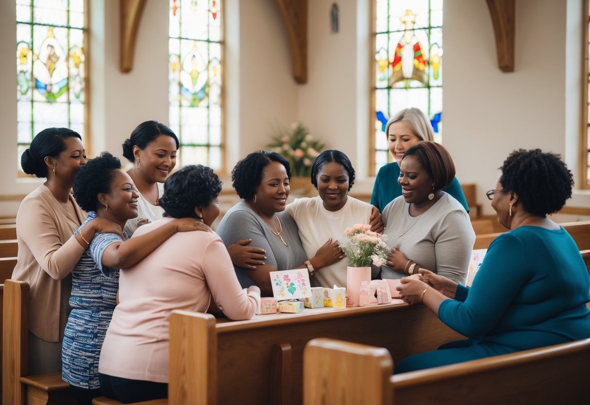 A group of diverse mothers in a church room supporting each other with kind expressions and comforting gestures.