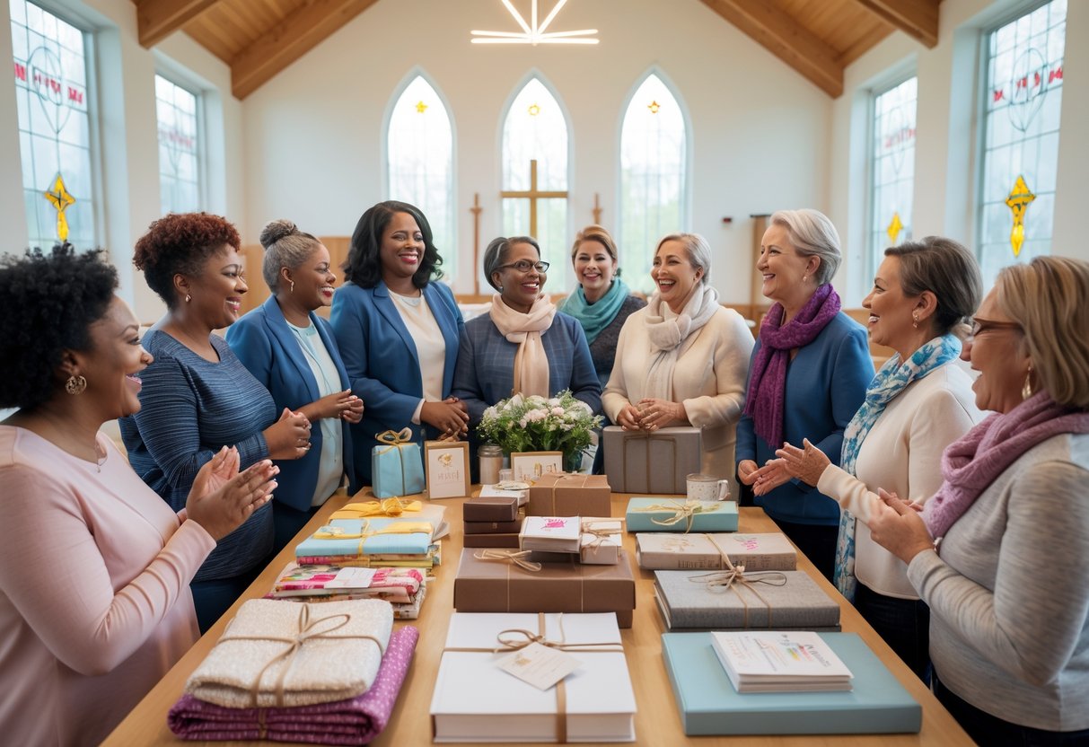 A group of church moms smiling and talking together around a table with thoughtful gifts in a bright church room.