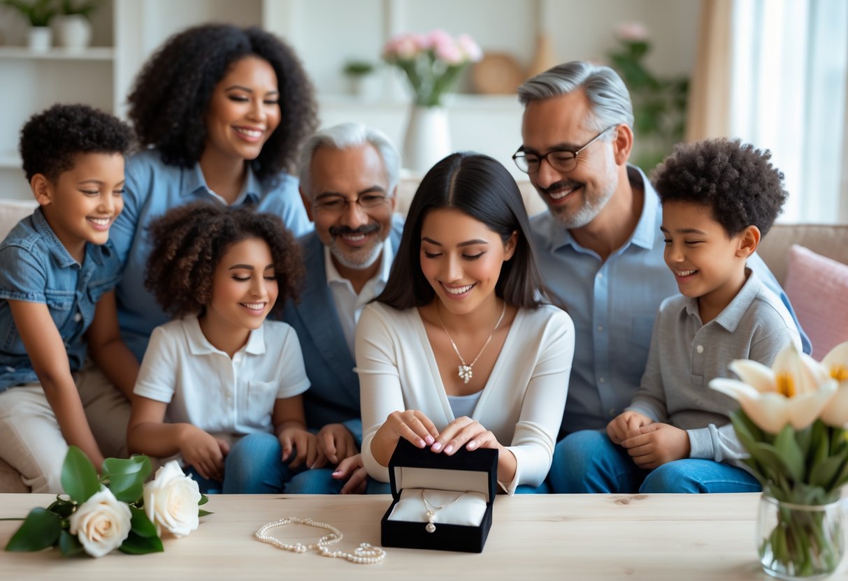 A blended family gathered in a living room celebrating Mother's Day, with a woman receiving a jewelry gift and everyone smiling warmly.