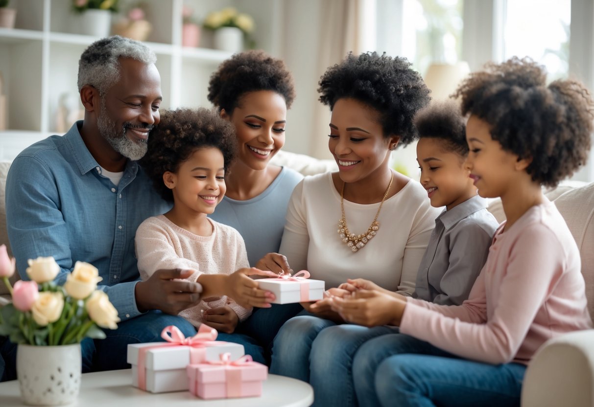 A blended family celebrating Mother's Day as children and stepchildren give a mother a jewelry gift, all smiling together in a cozy living room.