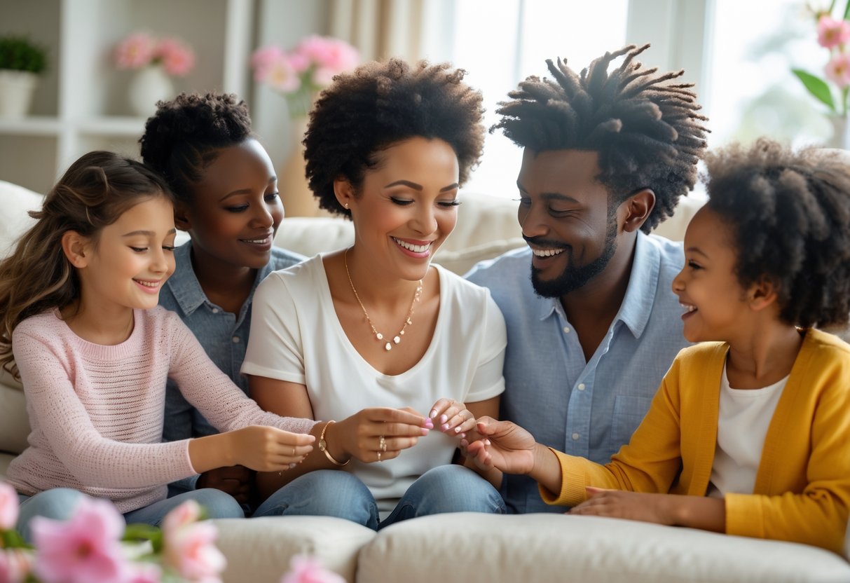 A mother receiving a jewelry gift from her children in a cozy living room, smiling and celebrating together.