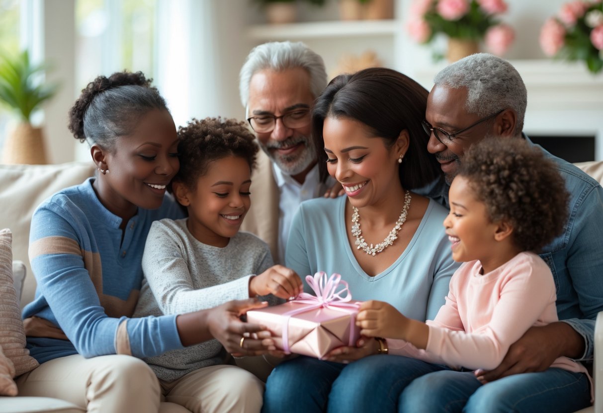 A stepmom receiving a jewelry gift from a child while family members smile and embrace in a cozy living room.