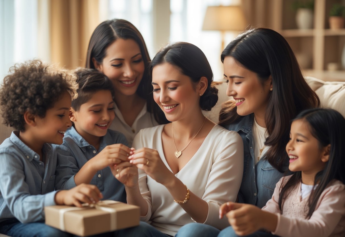 A mother receiving a necklace as a gift from her children in a cozy living room, surrounded by smiling family members of different ages and backgrounds.